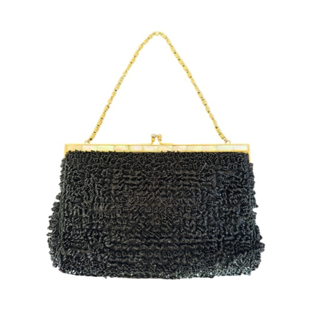 Vintage Elegant Black Beaded Evening Bag with Gold and Mother of Pearl Accents
